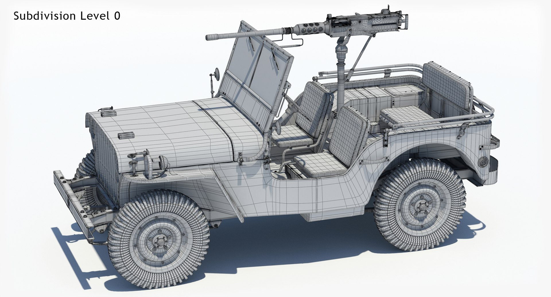 Armored Willys MB Jeep 3D Model Wireframe View Sudivision Level 0