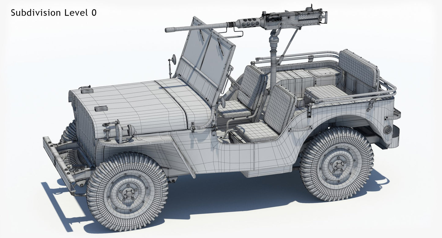 Armored Willys MB Jeep 3D Model Wireframe View Sudivision Level 0
