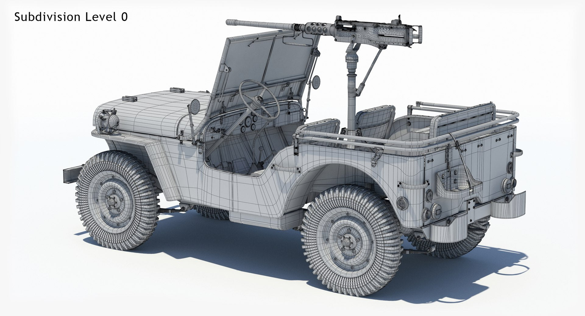 Armored Willys MB Jeep 3D Model Wireframe View Sudivision Level 0