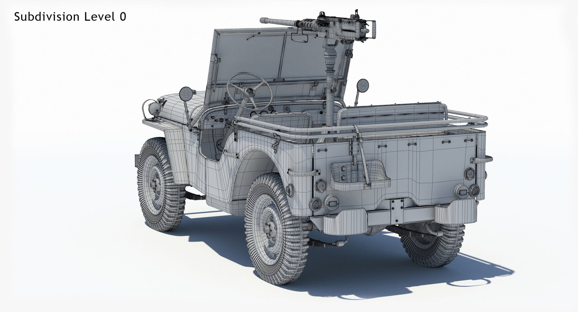 Armored Willys MB Jeep 3D Model Wireframe View Sudivision Level 0