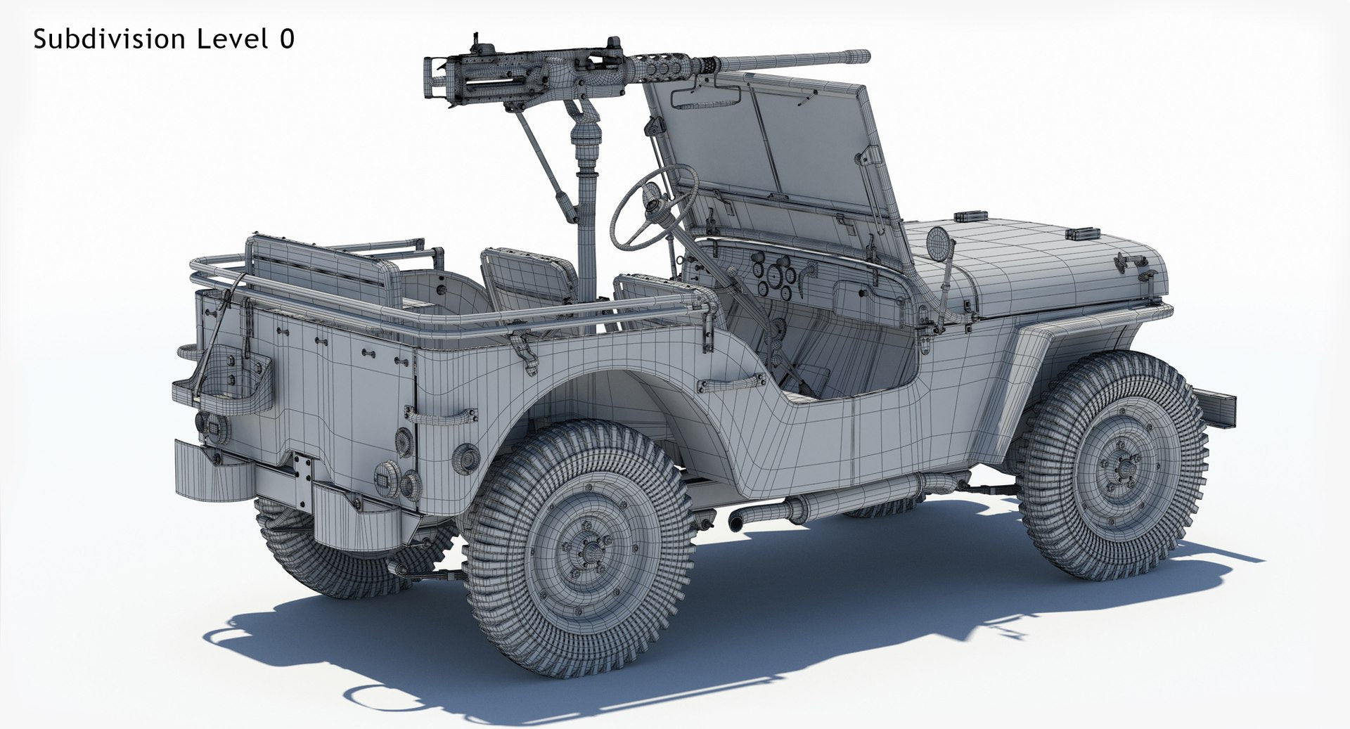 Armored Willys MB Jeep 3D Model Wireframe View Sudivision Level 0