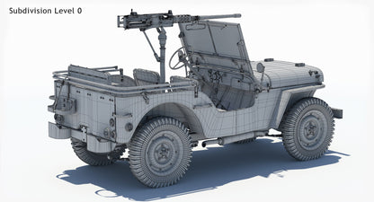 Armored Willys MB Jeep 3D Model Wireframe View Sudivision Level 0