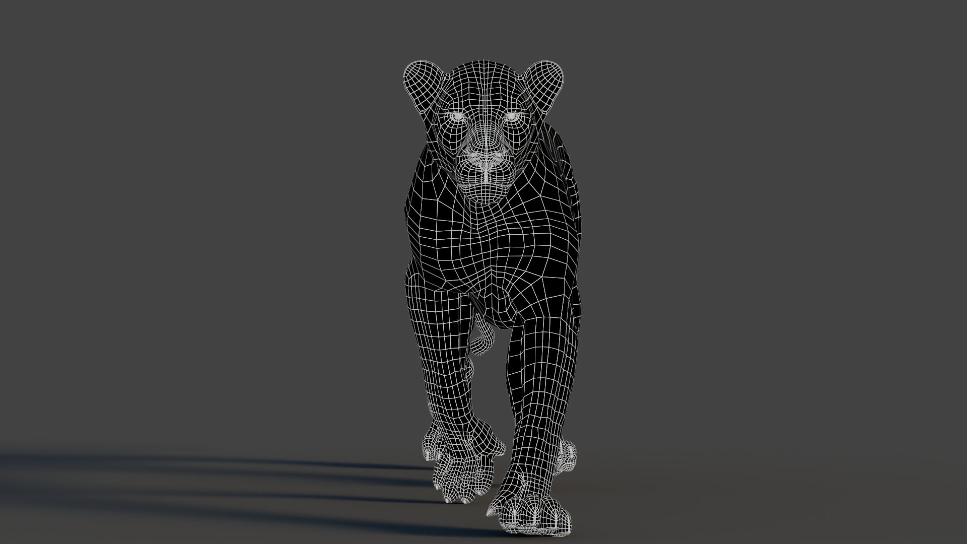 Wireframe View of Walking Lion 3D Model – Topology Preview